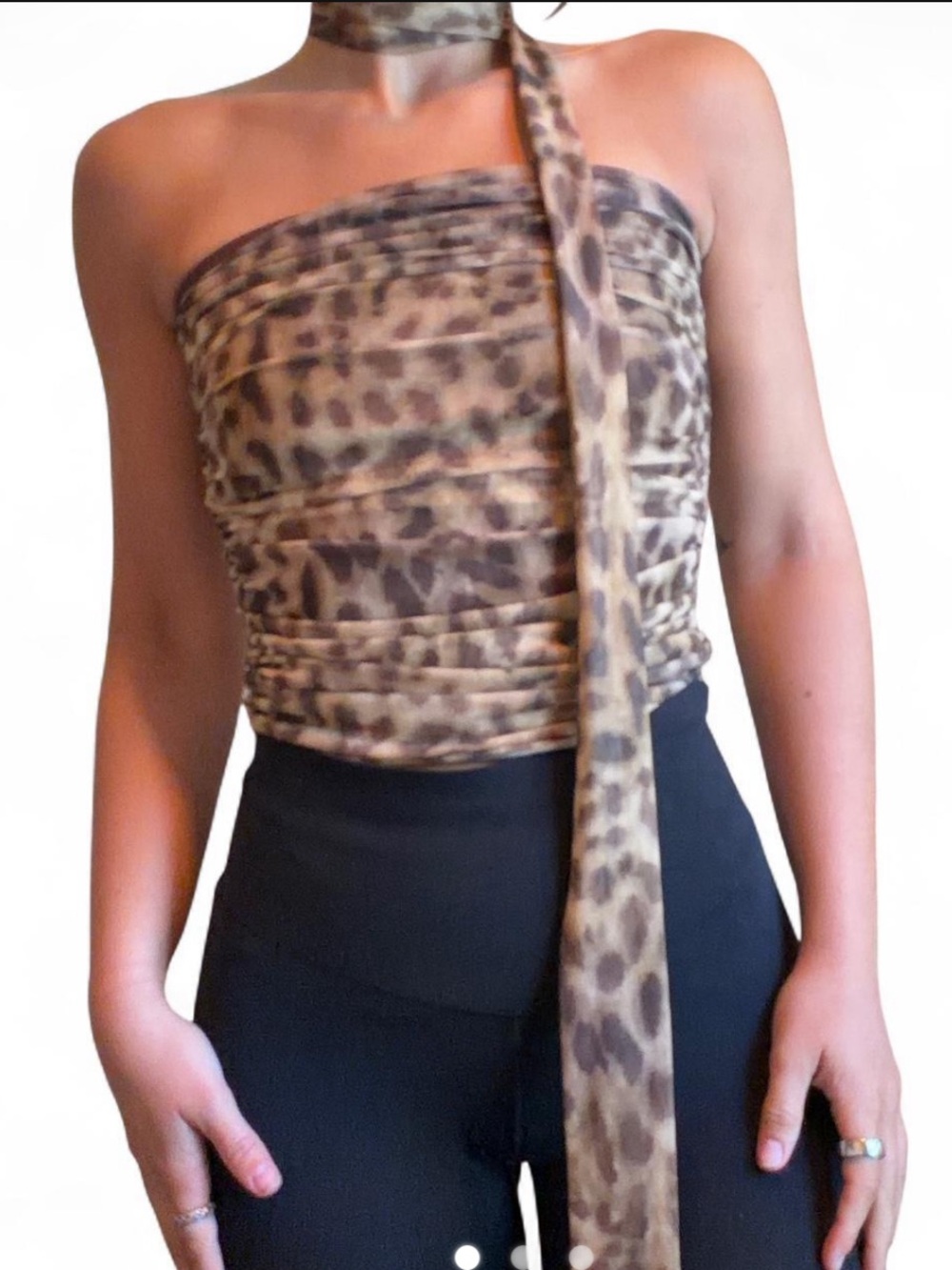 Leopard Print Ruched Tube Top with Attached Scarf